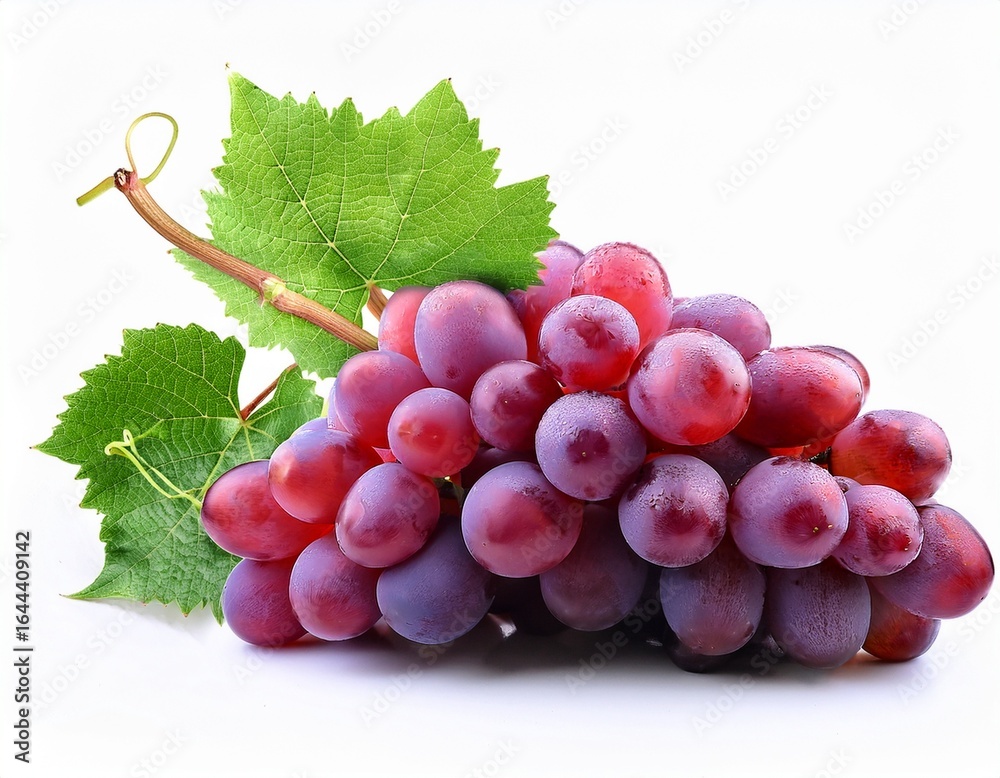 Fototapeta premium fresh ripe red grapes with bright green leaves on the vine isolated on a white background