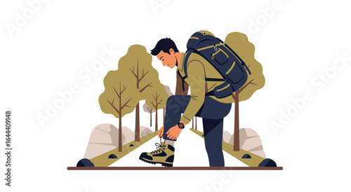 Illustration of a man hiking in nature tying his shoelaces in a park or forest landscape