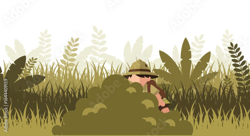 Illustration of a man hiding in a bush wearing safari hat in the jungle design