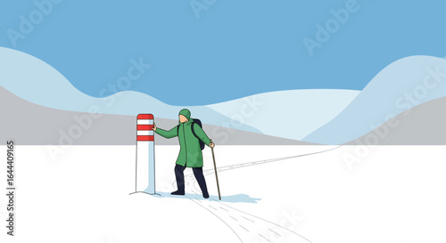Illustration of a man hiking in the snow covered mountains with trekking pole reaching a marker pole on the trail
