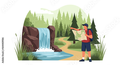 Illustration of a man hiking near a waterfall in a forest searching directions on a map