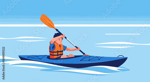 Illustration of a man kayaking on a calm lake with a life vest and orange paddle enjoying outdoor recreation and physical activity