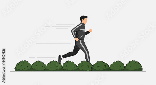 Illustration of a man jogging outdoors through a park with neatly trimmed bushes as he maintains fitness