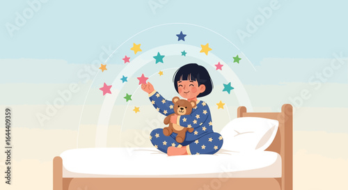 Illustration of a child in pajamas on a bed with stars imagining bedtime stories