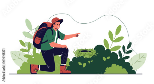 Illustration of a man observing a bird's nest during an outdoor hike expedition