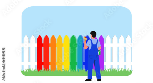 Illustration of a man painting a fence in rainbow colors creating vibrant scene