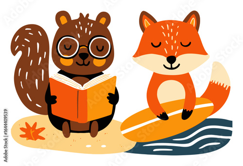 Cute Vector Cartoon Animals Reading and Surfing on Sandy Beach