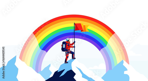 Illustration of a climber reaching the summit with a pride flag under rainbow