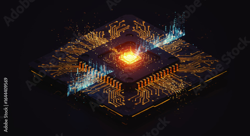 Isometric Microchip with Glowing Center and Circuitry Details