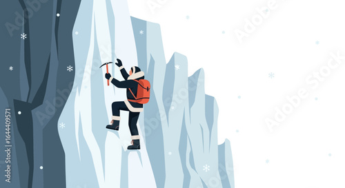 Illustration of a climber with an ice ax on a snowy mountain peak in winter landscape scene