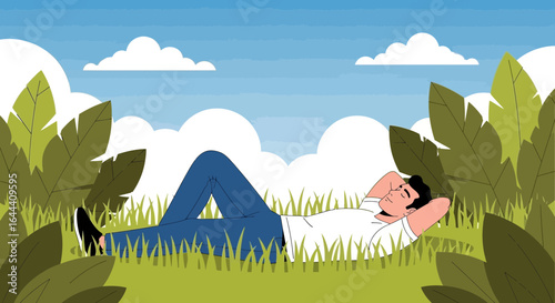 Illustration of a man relaxing on the grass enjoying nature's tranquility and calmness for a peaceful moment outdoors