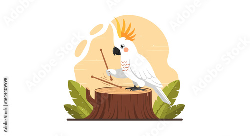 Illustration of a cockatoo playing drums on a tree stump in a lush forest setting
