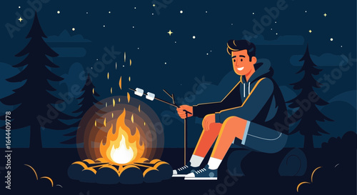 Illustration of a man roasting marshmallows over a campfire under the starry night sky in the woods
