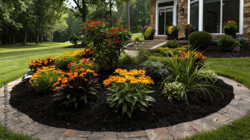 Wallpaper Mural Vibrant flower garden featuring colorful blooms, including yellow and orange flowers, surrounded by lush greenery and decorative stones. serene landscape creates peaceful atmosphere Torontodigital.ca