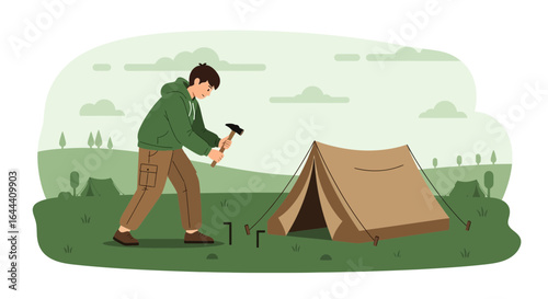 Illustration of a man setting up a tent in a scenic landscape with rolling hills