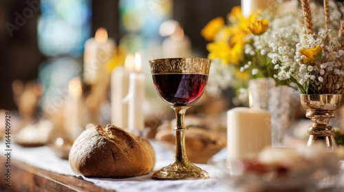Ornate chalice and bread on a table setting.