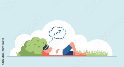 Illustration of a Man Sleeping Outdoors with Zzz's in a Thought Bubble on Sunny Day