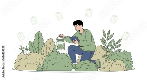 Illustration of a man studying plants and taking notes outdoors in garden setting