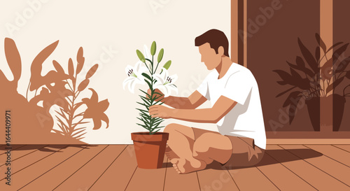 Illustration of a man tending to a potted lily plant indoors with serene lighting and shadows creating a peaceful atmosphere