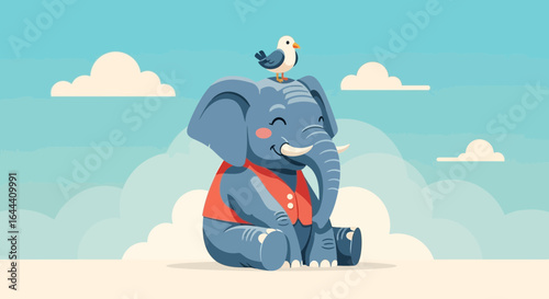 Illustration of a cute elephant wearing a vest with a bird sitting on its head against a bright blue sky with clouds