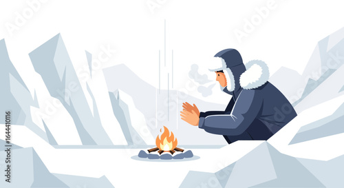 Illustration of a man warming his hands by a campfire in a snowy mountain landscape shows the harshness of winter