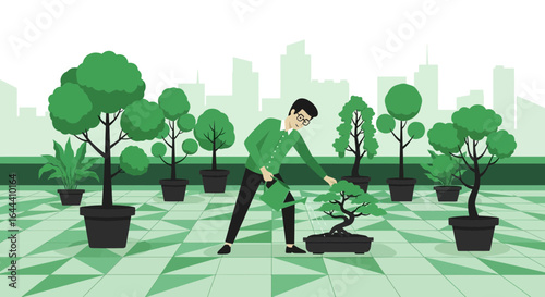 Illustration of a man watering bonsai trees on a rooftop garden with city view shows care for nature and urban gardening practices