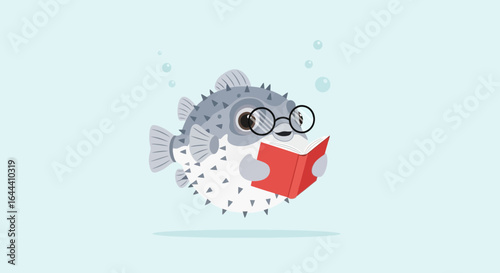 Illustration of a cute pufferfish wearing glasses and reading a book underwater, concept of education and intelligence