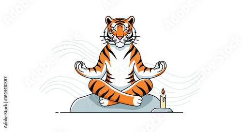Illustration of a meditative tiger on a rock with a candle representing zen and calmness