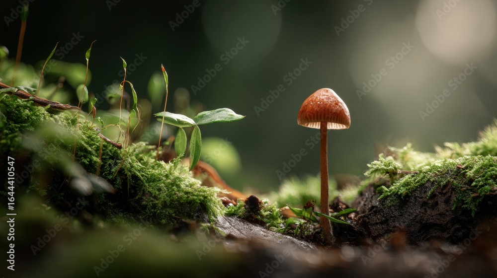 Close-up of a small mushroom growing on mossy forest floor with blurred green foliage and sunlight in the background, showcasing nature and fungi in natural environment Close-up of a small mushroom growing on mossy forest floor with blurred green foliage and sunlight in the background, showcasing nature and fungi in natural environment