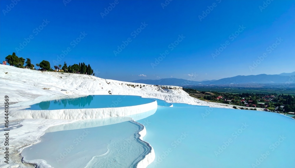 Obraz premium Pamukkale’s white travertine terraces, crystal-clear thermal pools reflecting the blue sky.