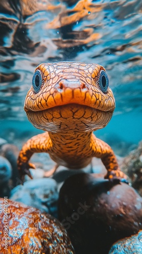 Underwater close-up of a smiling, golden-orange lizard
