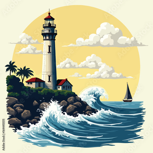 T Shirt Design A classic architectural beacon, the lighthouse stands tall on the island's coast, its light cutting through the summer sky and over the deep blue ocean waves