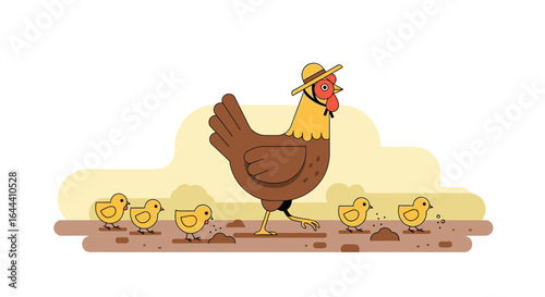 Illustration of a mother hen wearing a hat walking with her chicks in a vector art style perfect for children book