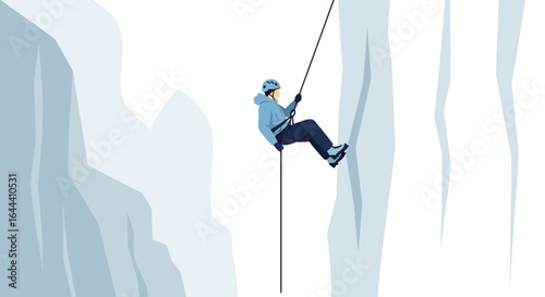 Illustration of a mountain climber rappelling down a steep icy cliff face outdoors