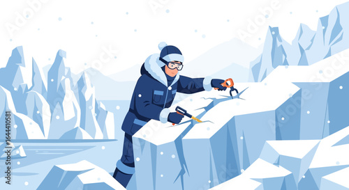 Illustration of a mountaineer ice climbing in a snowy landscape with icebergs in the background showcasing outdoor adventure