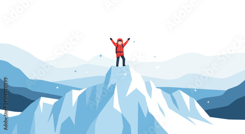 Illustration of a mountaineer on top of a snowy mountain celebrating success and achievement