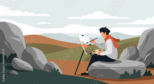 Illustration of a painter in nature enjoying the beauty of the landscape and creating art outdoors