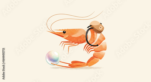 Illustration of a cute shrimp wearing a backpack and carrying a pearl travel inspiration design