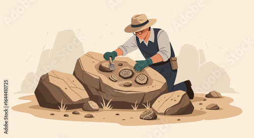 Illustration of a paleontologist uncovering fossilized sea creatures in the desert environment