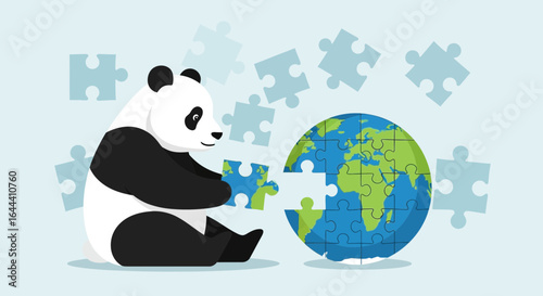 Illustration of a panda solving the earth jigsaw puzzle conservation concept