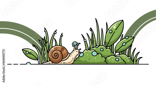 Illustration of a cute snail character in a meadow with dew drops cartoonish style