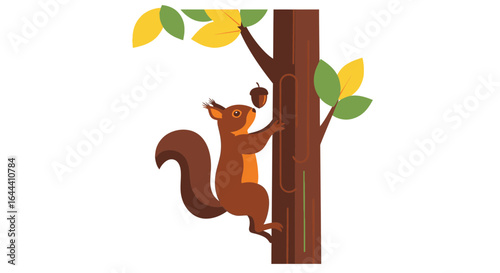 Illustration of a cute squirrel climbing a tree with colorful leaves and an acorn with a white background