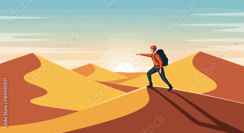 Illustration of a determined hiker trekking through a vast desert landscape at sunrise, facing challenges
