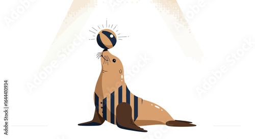 Illustration of a performing sea lion balancing a striped ball on its nose