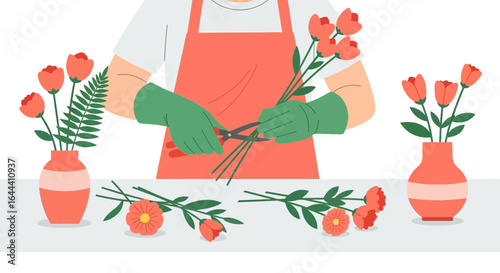 Illustration of a person arranging flowers wearing an apron and green gloves cutting stems with shears in a bright and cheerful studio setting