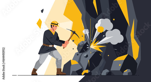 Illustration of a determined miner working hard to extract resources from the mine