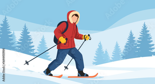 Illustration of a person cross-country skiing in a winter landscape with pine trees and snow hills showcasing outdoor activity