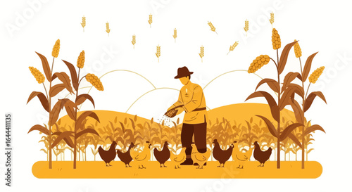 Illustration of a farmer feeding chickens in a field with corn and wheat  farm scene