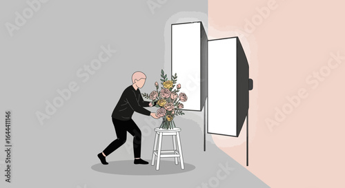 Illustration of a photographer arranging a bouquet with studio lighting setup minimalist design perfect for photography or floral business