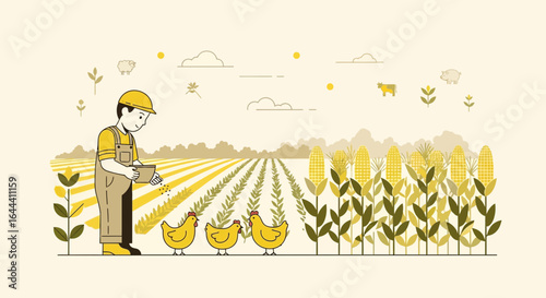 Illustration of a farmer feeding chickens in a field with corn and wheat crops showcasing rural life and agriculture